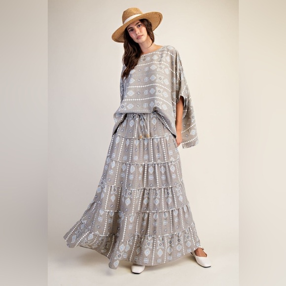 easel Dresses & Skirts - Easel Gray Aztec Print Top and Maxi Skirt Set